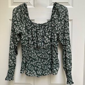 Madewell Georgette Square-Neck Smock-Waist Top in Forest Leaves - M